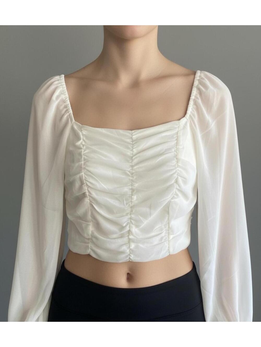 Love Tree Cream Smocked Cropped Top Small Long Sheer Sleeve Sweetheart Neckline
